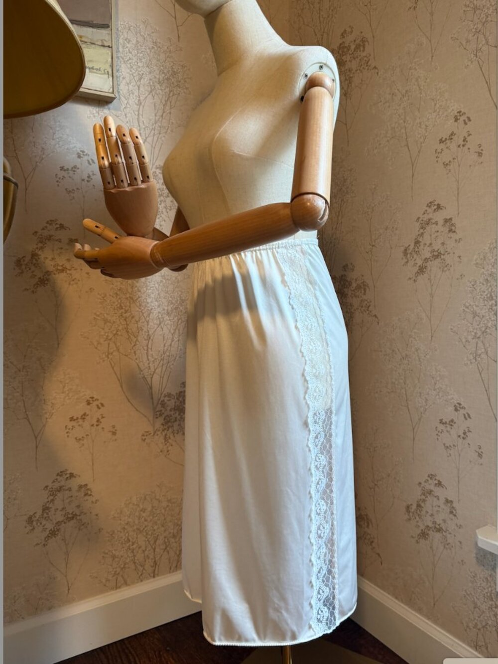 Vintage 1980s Pierre Cardin White Nylon Half-Slip Skirt with Side Lace Trim